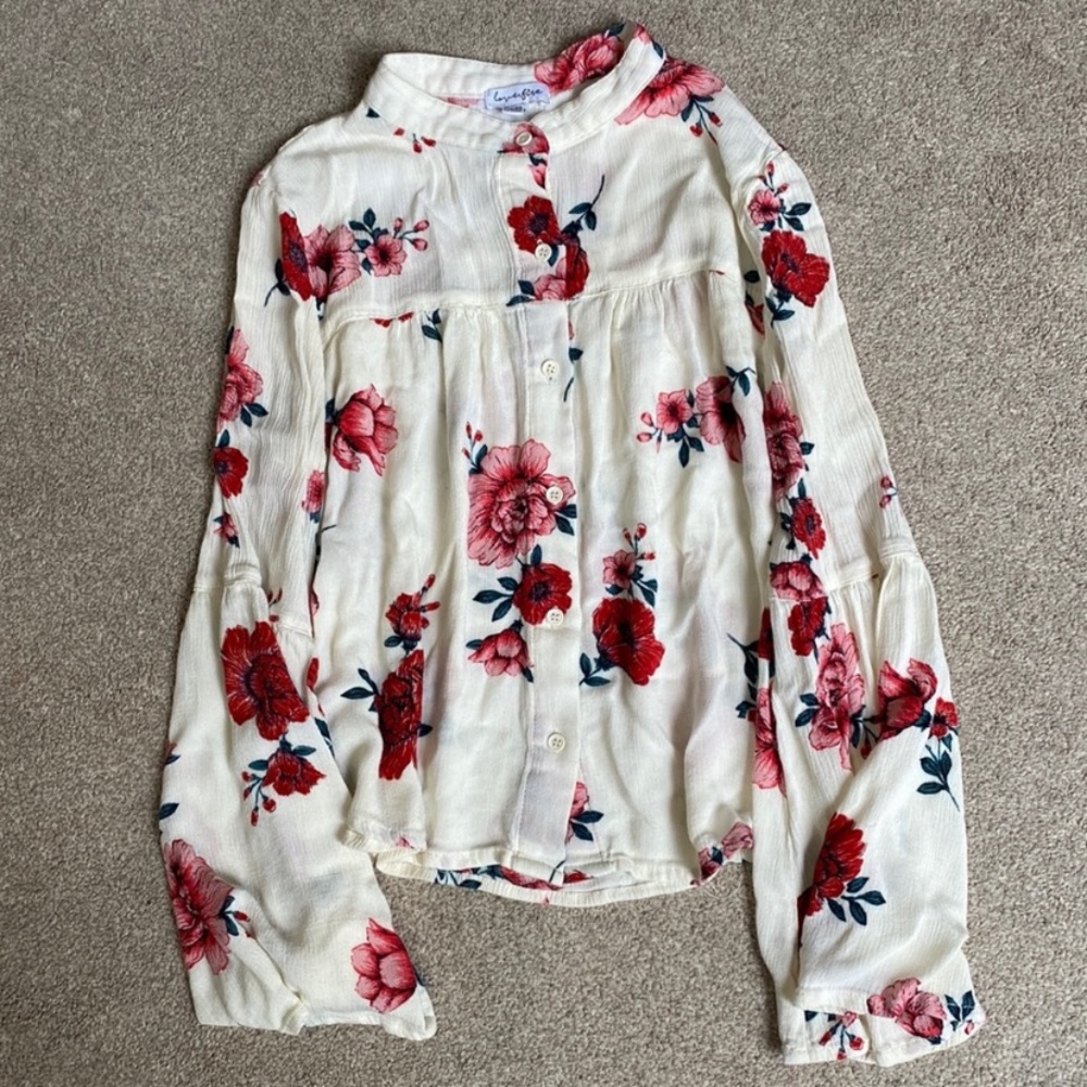 Love, Fire Floral Cream Bell Long Sleeve Bohemian Button Down Blouse Size XS